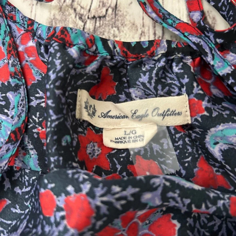 American Eagle Paisley Floral Boho Mini Dress Navy Red Teal Large L/G